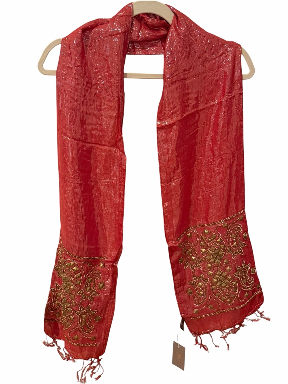 Raj Red Metallic Beaded Embellished Fringe Scarf 100% Cotton India NWT
